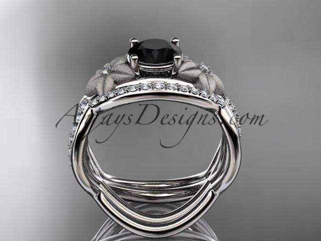 platinum diamond leaf and vine wedding ring, engagement ring with Black Diamond center stone and double matching band ADLR90S - AnjaysDesigns