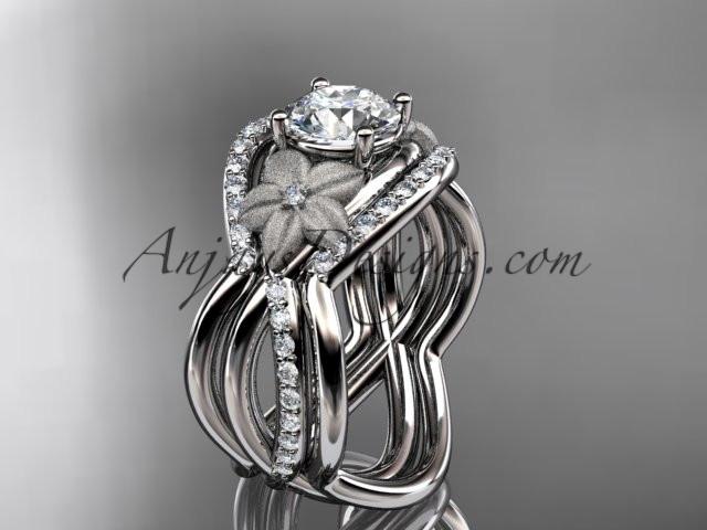 platinum diamond leaf and vine wedding ring, engagement ring with "Forever One" Moissanite center stone and double matching band ADLR90S - AnjaysDesigns
