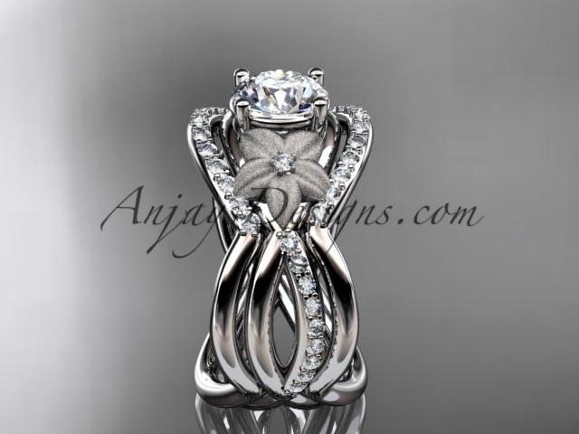 14kt white gold diamond leaf and vine wedding ring, engagement ring with "Forever One" Moissanite center stone and double matching band ADLR90S - AnjaysDesigns