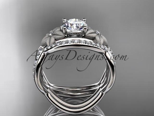 platinum diamond leaf and vine wedding ring, engagement ring with double matching band ADLR90S - AnjaysDesigns