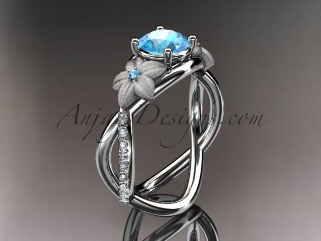 14kt white gold diamond leaf and vine birthstone ring ADLR90 Aquamarine - March\'s Birthstone. nature inspired jewelry - AnjaysDesigns