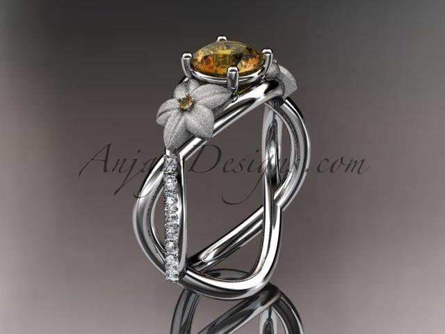 14kt white gold diamond leaf and vine birthstone ring ADLR90 Citrine November\'s birthstone. nature inspired jewelry - AnjaysDesigns