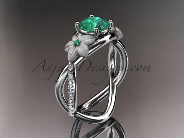 14kt white gold diamond leaf and vine birthstone ring ADLR90 Emerald - May\'s Birthstone. nature inspired jewelry - AnjaysDesigns