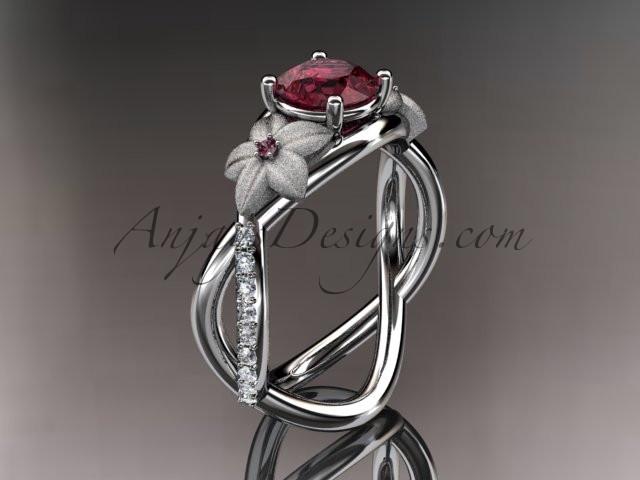 14kt white gold diamond leaf and vine birthstone ring ADLR90 Garnet - January\'s birthstone - AnjaysDesigns
