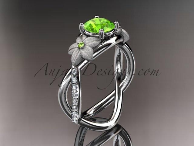 14kt white gold diamond leaf and vine birthstone ring ADLR90 Peridot - August\'s birthstone. nature inspired jewelry - AnjaysDesigns