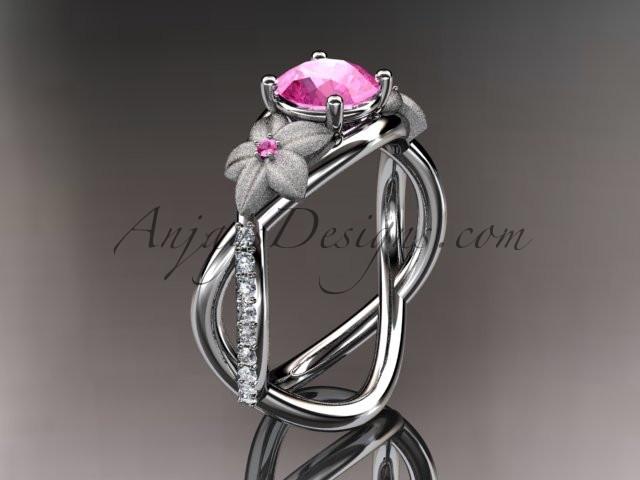 14kt white gold diamond leaf and vine birthstone ring ADLR90 Pink Tourmaline - October\'s birthstone.nature inspired jewelry - AnjaysDesigns