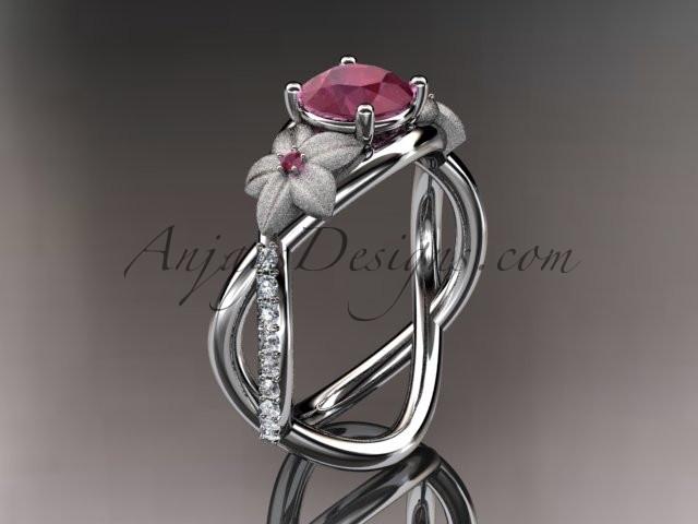 14kt white gold diamond leaf and vine birthstone ring ADLR90 Ruby - July\'s birthstone. nature inspired jewelry - AnjaysDesigns