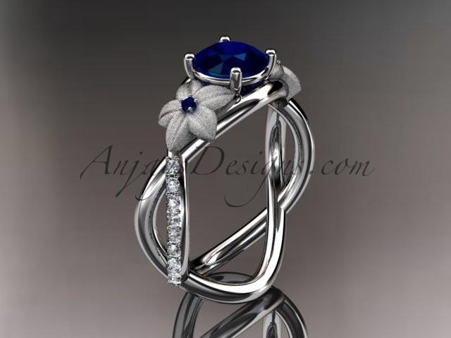 14kt white gold diamond leaf and vine birthstone ring ADLR90 Sapphire - September\'s birthstone. nature inspired jewelry - AnjaysDesigns