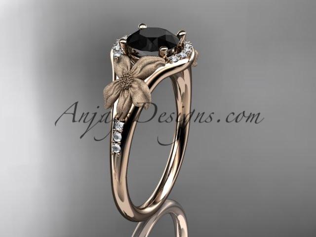 14kt rose gold diamond leaf and vine wedding ring, engagement ring with a Black Diamond center stone ADLR91 - AnjaysDesigns