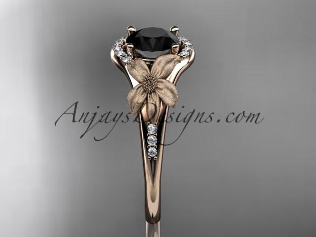 14kt rose gold diamond leaf and vine wedding ring, engagement ring with a Black Diamond center stone ADLR91 - AnjaysDesigns