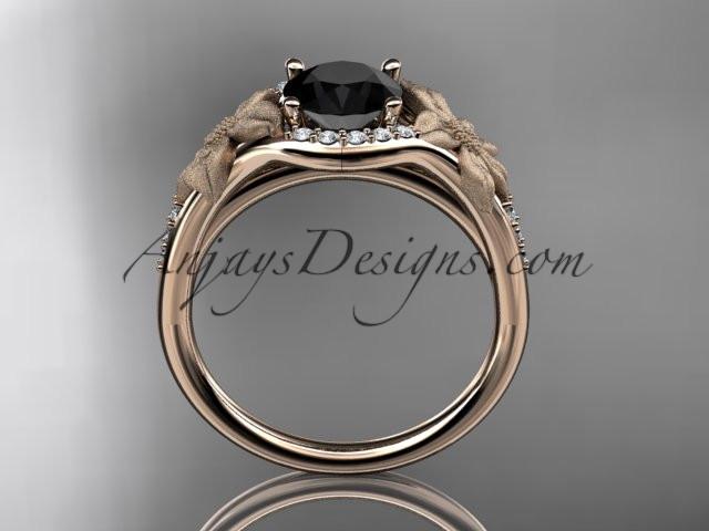 14kt rose gold diamond leaf and vine wedding ring, engagement ring with a Black Diamond center stone ADLR91 - AnjaysDesigns