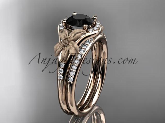 14kt rose gold diamond leaf and vine wedding ring, engagement set with a Black Diamond center stone ADLR91S - AnjaysDesigns