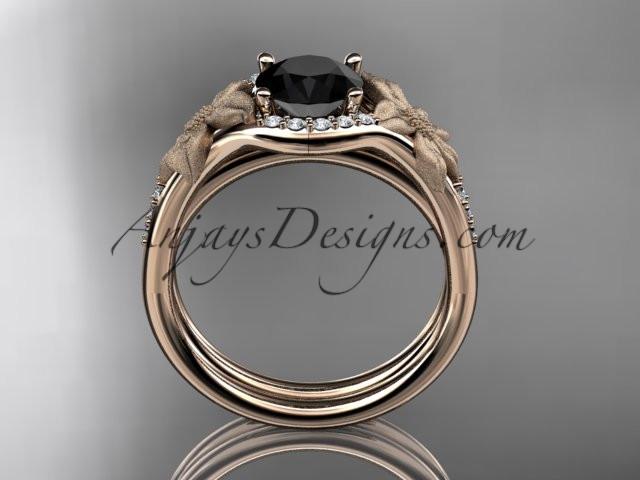 14kt rose gold diamond leaf and vine wedding ring, engagement set with a Black Diamond center stone ADLR91S - AnjaysDesigns