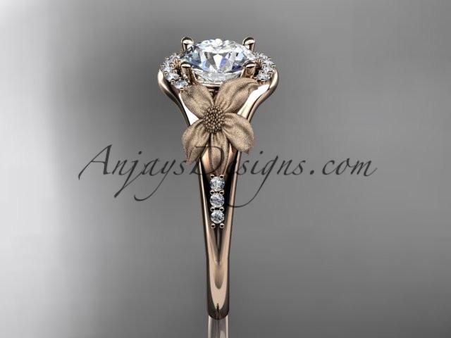 14kt rose gold diamond leaf and vine wedding ring, engagement ring with a "Forever One" Moissanite center stone ADLR91 - AnjaysDesigns
