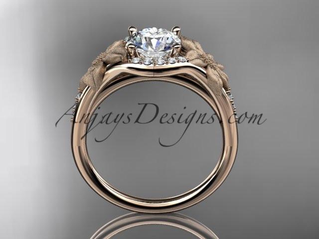 14kt rose gold diamond leaf and vine wedding ring, engagement ring with a "Forever One" Moissanite center stone ADLR91 - AnjaysDesigns