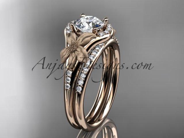 14kt rose gold diamond leaf and vine wedding ring, engagement set with a "Forever One" Moissanite center stone ADLR91S - AnjaysDesigns