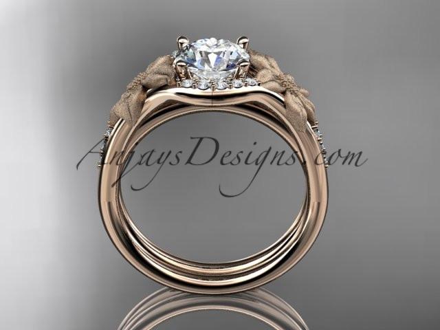 14kt rose gold diamond leaf and vine wedding ring, engagement set with a "Forever One" Moissanite center stone ADLR91S - AnjaysDesigns
