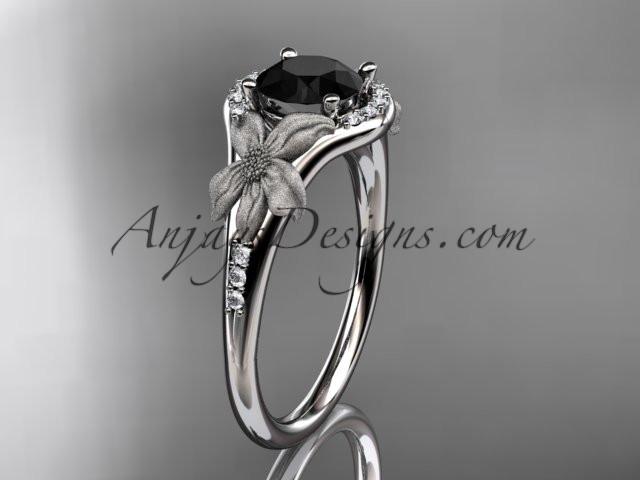 platinum diamond leaf and vine wedding ring, engagement ring with a Black Diamond center stone ADLR91 - AnjaysDesigns