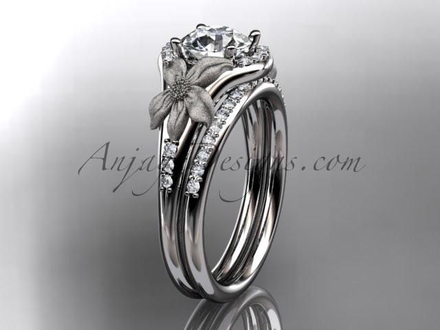 platinum diamond leaf and vine wedding ring, engagement set with a "Forever One" Moissanite center stone ADLR91S - AnjaysDesigns