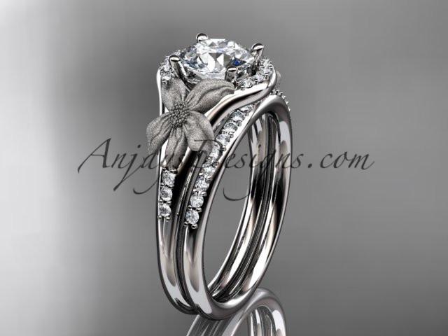 14kt white gold diamond leaf and vine wedding ring, engagement set with a "Forever One" Moissanite center stone ADLR91S - AnjaysDesigns