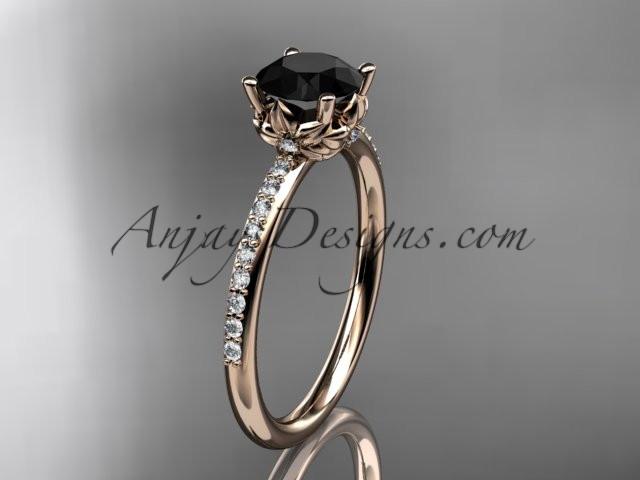 14kt rose gold diamond floral wedding ring, engagement ring with a Black Diamond center stone ADLR92 - AnjaysDesigns