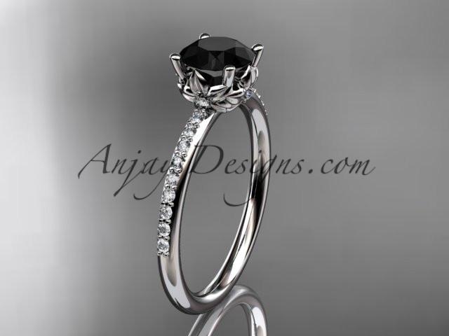 14kt white gold diamond floral wedding ring, engagement ring with a Black Diamond center stone ADLR92 - AnjaysDesigns
