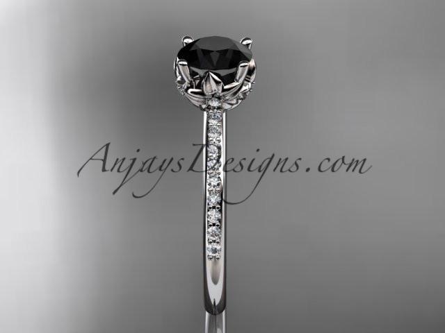 14kt white gold diamond floral wedding ring, engagement ring with a Black Diamond center stone ADLR92 - AnjaysDesigns