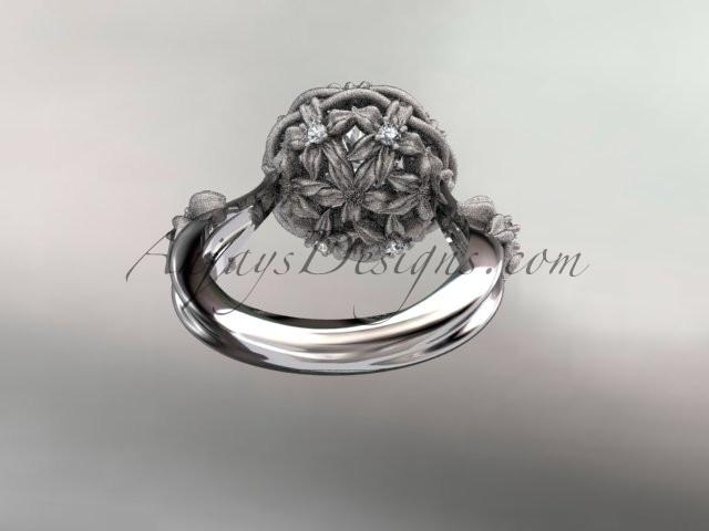14kt white gold diamond floral, leaf and vine \"Basket of Love\" ring with a "Forever One" Moissanite center stone ADLR94 nature inspired jewelry - AnjaysDesigns