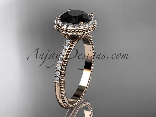 14kt rose gold diamond unique engagement ring, wedding ring with a Black Diamond center stone ADER95 - AnjaysDesigns