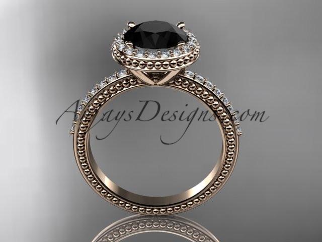 14kt rose gold diamond unique engagement ring, wedding ring with a Black Diamond center stone ADER95 - AnjaysDesigns