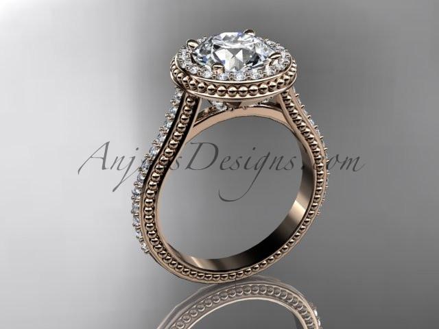 14kt rose gold diamond unique engagement ring, wedding ring with a "Forever One" Moissanite center stone ADER97 - AnjaysDesigns