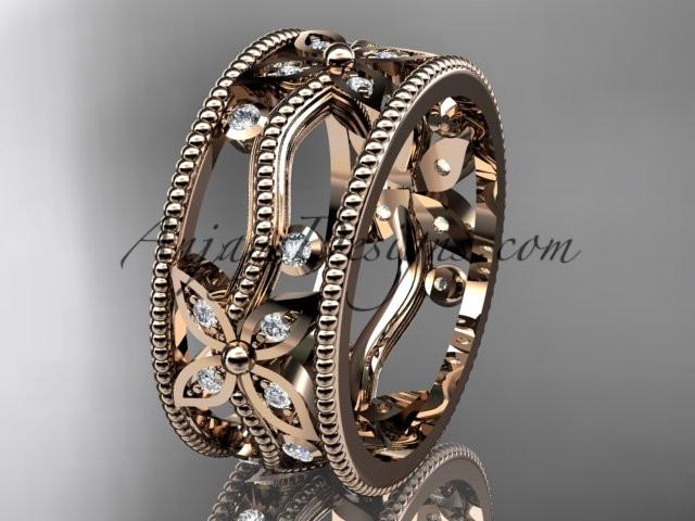 14kt rose gold diamond leaf and vine wedding ring, engagement ring, wedding band ADLR9B - AnjaysDesigns