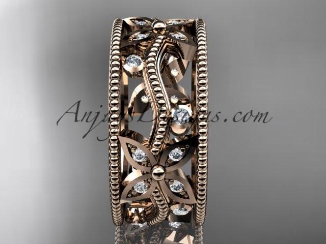 14kt rose gold diamond leaf and vine wedding ring, engagement ring, wedding band ADLR9B - AnjaysDesigns
