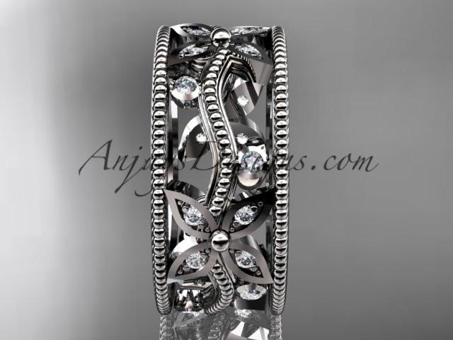 platinum diamond leaf and vine wedding ring, engagement ring, wedding band ADLR9B - AnjaysDesigns