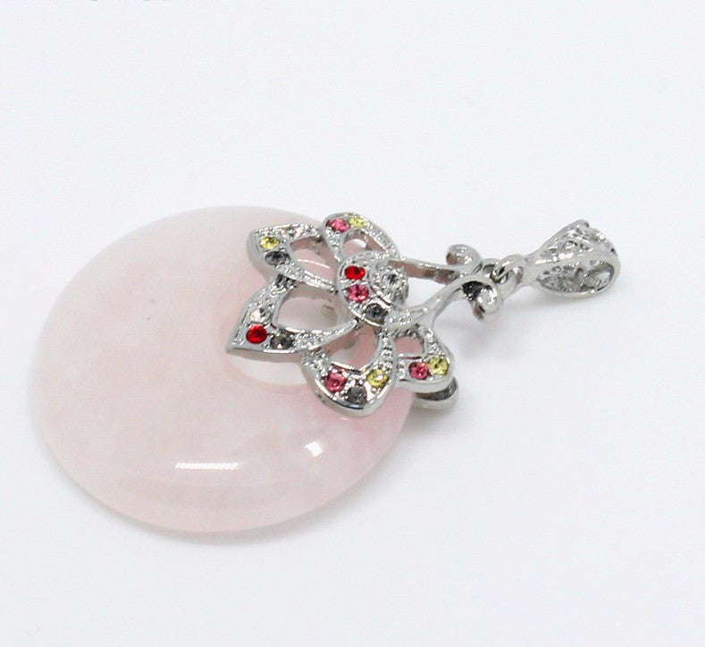Pink Quartz Healing Stone Pendant Natural Pink Crystal Pendants Women Ethnic Silver Flower Suspension Pendant Jewelry