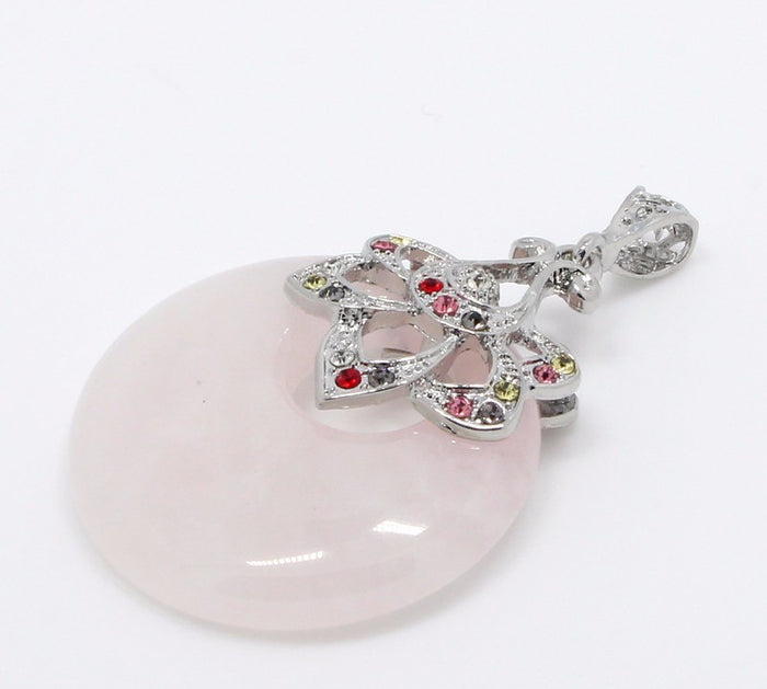 Pink Quartz Healing Stone Pendant Natural Pink Crystal Pendants Women Ethnic Silver Flower Suspension Pendant Jewelry