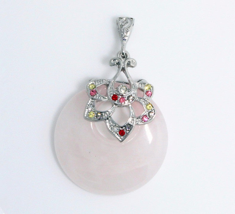Pink Quartz Healing Stone Pendant Natural Pink Crystal Pendants Women Ethnic Silver Flower Suspension Pendant Jewelry