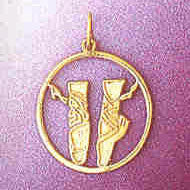 14K solid gold ballerina shoes charm featuring a pair of ballet shoes in a circular frame