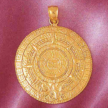 14K solid gold circular calendar-style medallion charm with intricate concentric patterns and decorative detailing