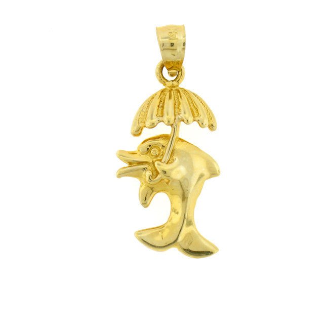 Dolphin with Umbrella Charm - 14k Yellow Gold Ocean Life  #1055