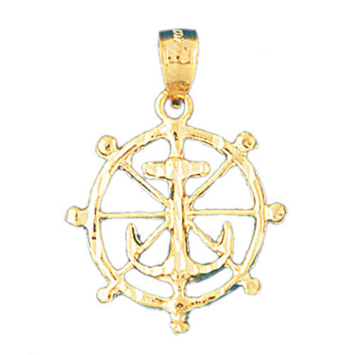 14K GOLD NAUTICAL CHARM - SHIP WHEEL WITH ANCHOR #1203
