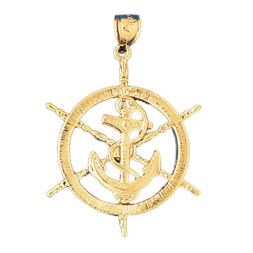 14K GOLD NAUTICAL CHARM - SHIP WHEEL WITH ANCHOR #1204