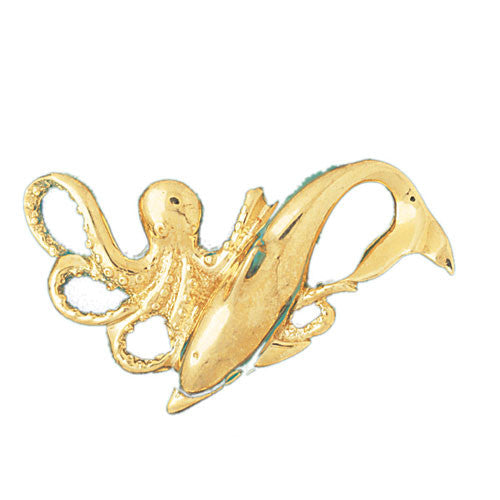 Octopus, Dolphin Charm Pendant, 14k Yellow Gold Ocean Charms