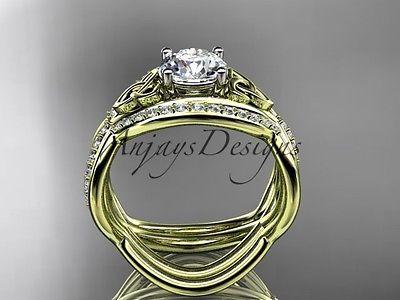 14k yellow gold celtic trinity knot wedding set,double band One Moissanit CT790S