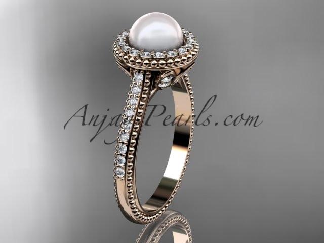 14k rose gold diamond pearl vine and leaf engagement ring AP101 - AnjaysDesigns