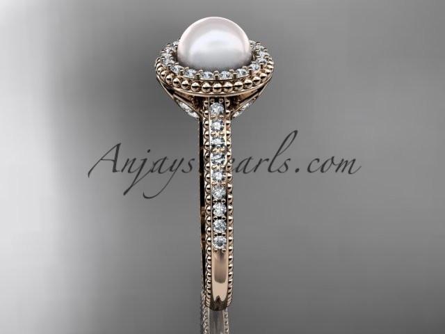 14k rose gold diamond pearl vine and leaf engagement ring AP101 - AnjaysDesigns