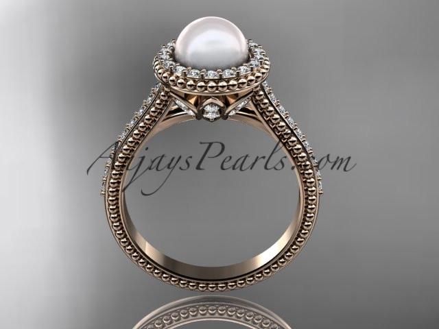 14k rose gold diamond pearl vine and leaf engagement ring AP101 - AnjaysDesigns