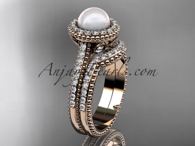 14k rose gold diamond pearl engagement set AP101S - AnjaysDesigns
