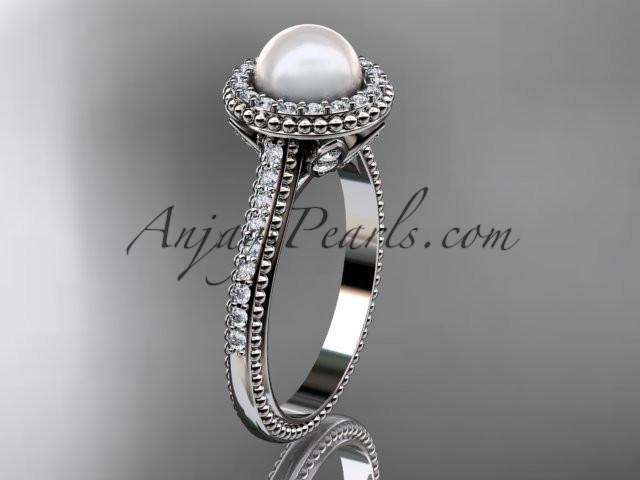 platinum diamond pearl vine and leaf engagement ring AP101 - AnjaysDesigns