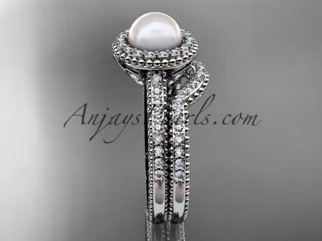 14k white gold diamond pearl engagement set AP101S - AnjaysDesigns
